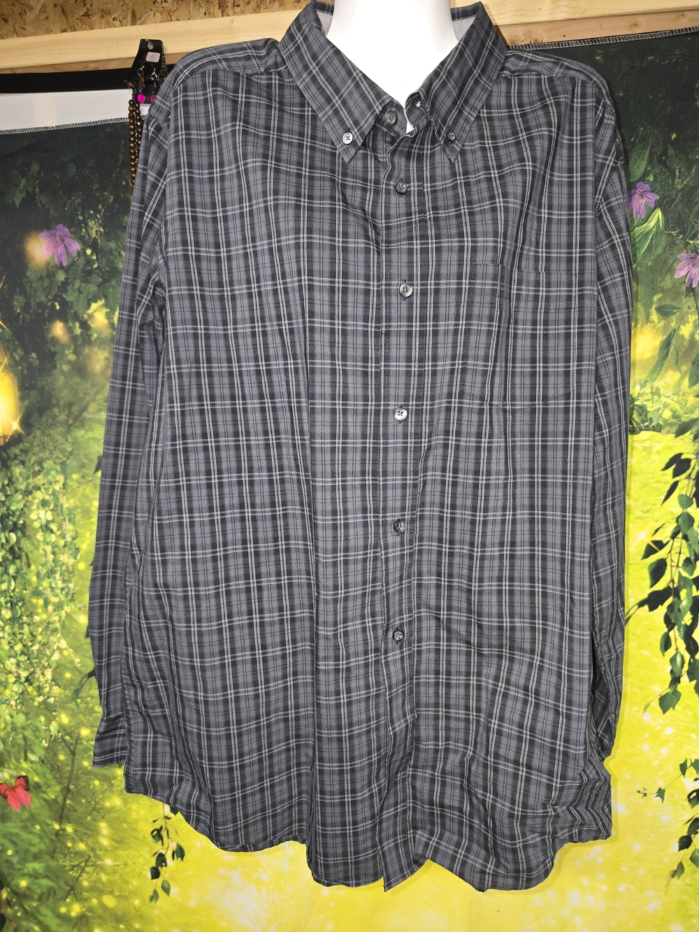 #198 George Gray and Black Plaid Long-Sleeve Button-Down Shirt